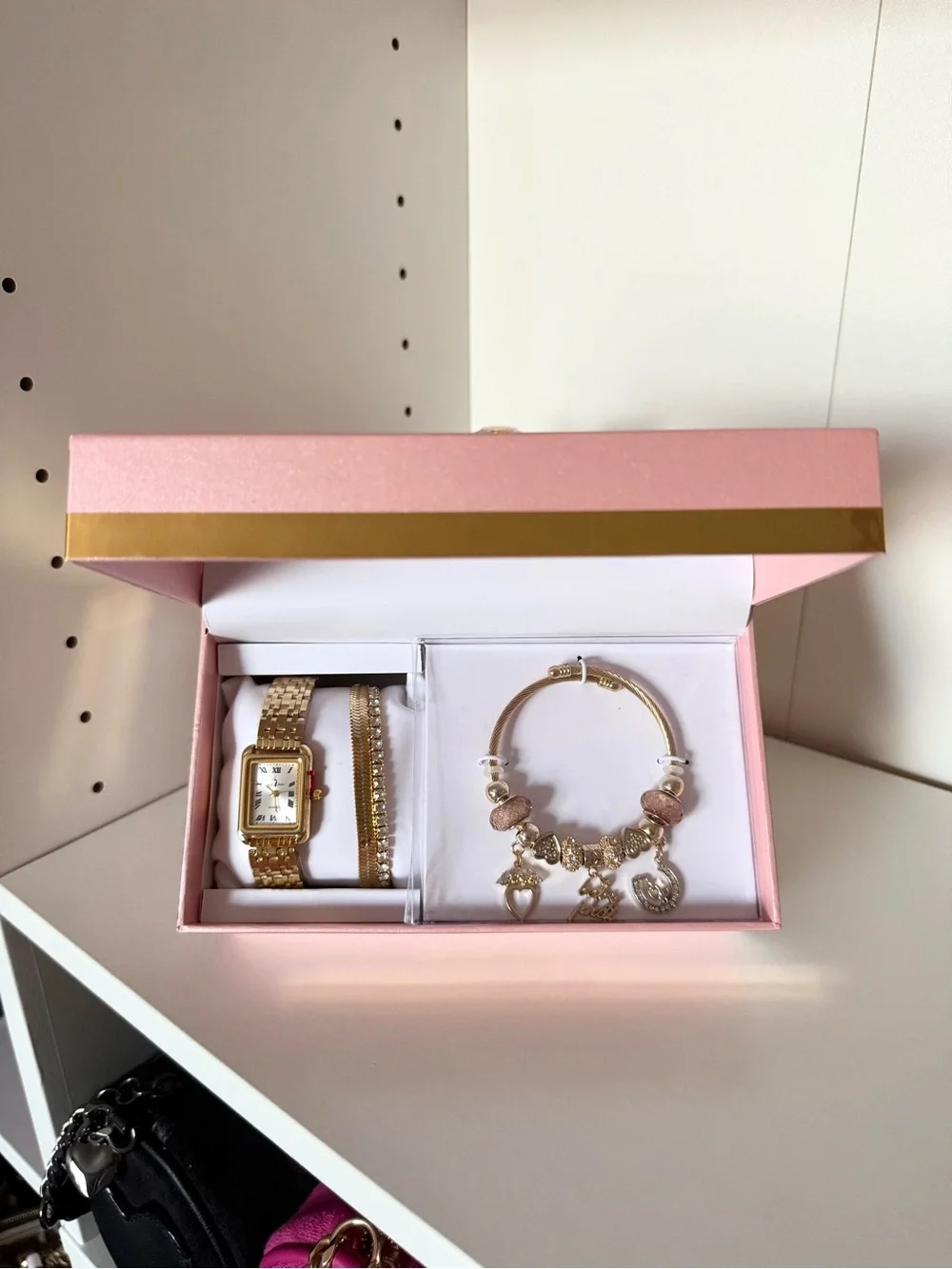 Baby Phat Pink and Gold Watch and Charm Bangle Set